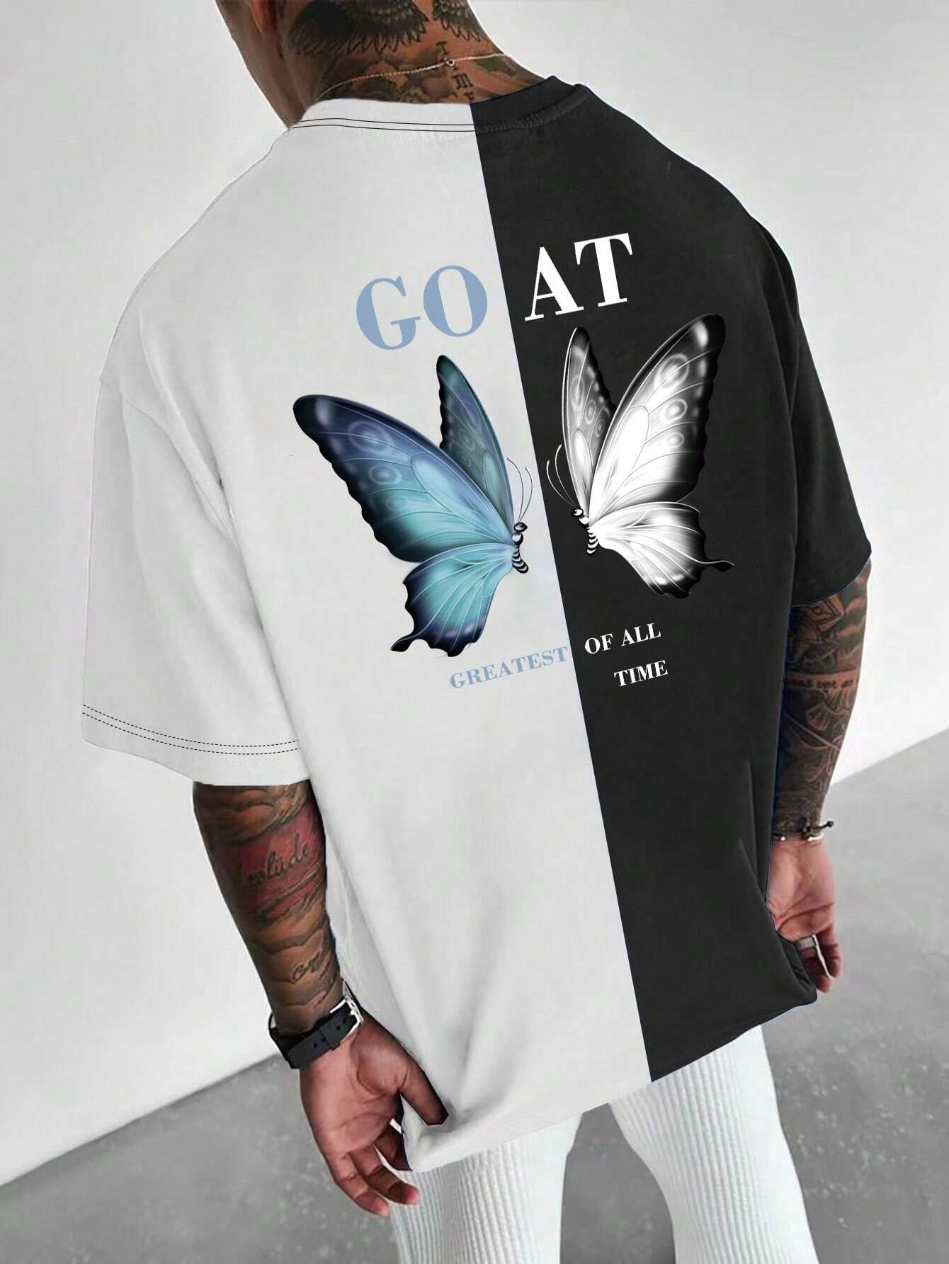 Men Butterfly & Slogan Graphic Two Tone Tee