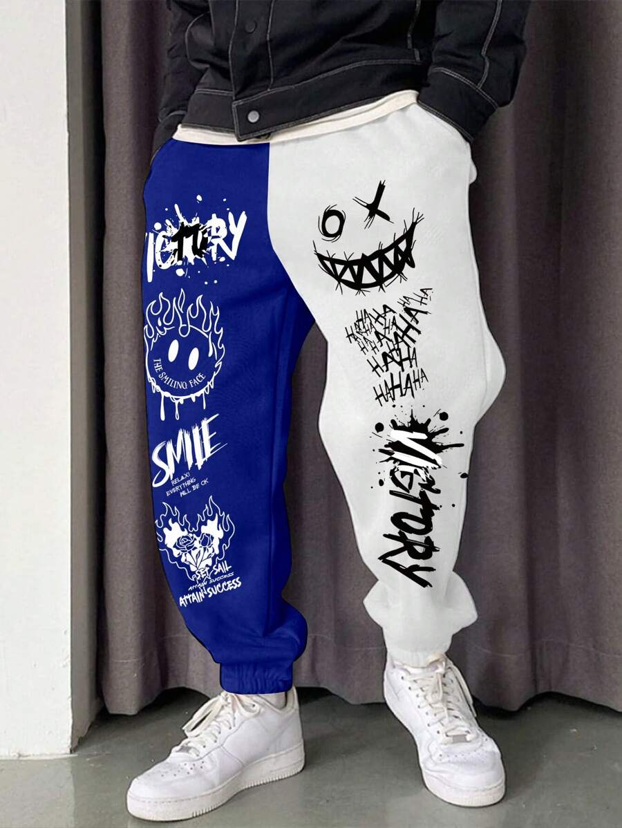 EMRG Men Plus Cartoon & Letter Graphic Two Tone Sweatpants