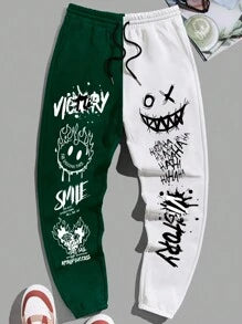 EMRG Men Plus Cartoon & Letter Graphic Two Tone Sweatpants