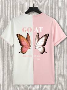 Men Butterfly & Slogan Graphic Two Tone Tee