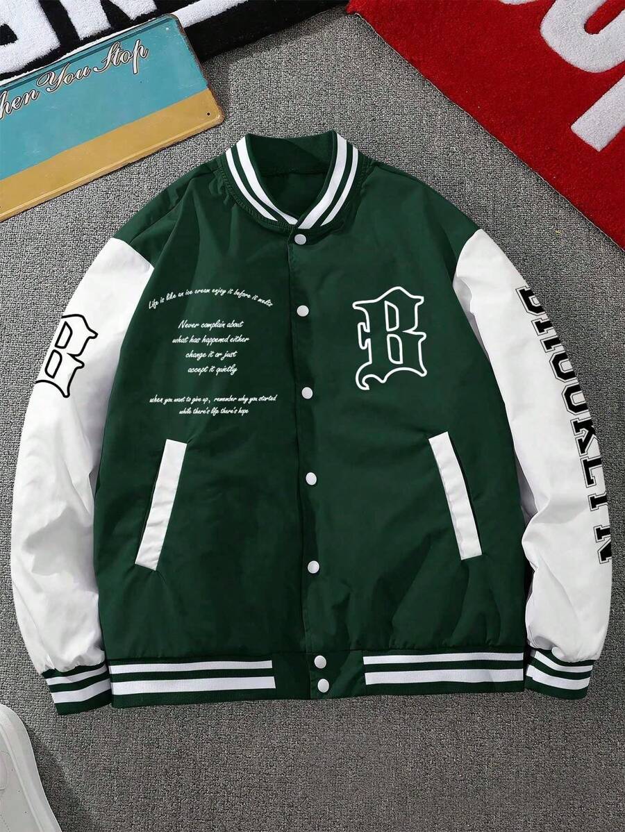 Sporsity  Letter & Striped Print Baseball Jacket