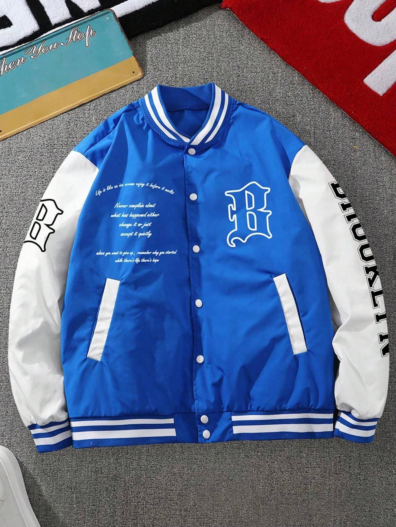 Sporsity  Letter & Striped Print Baseball Jacket