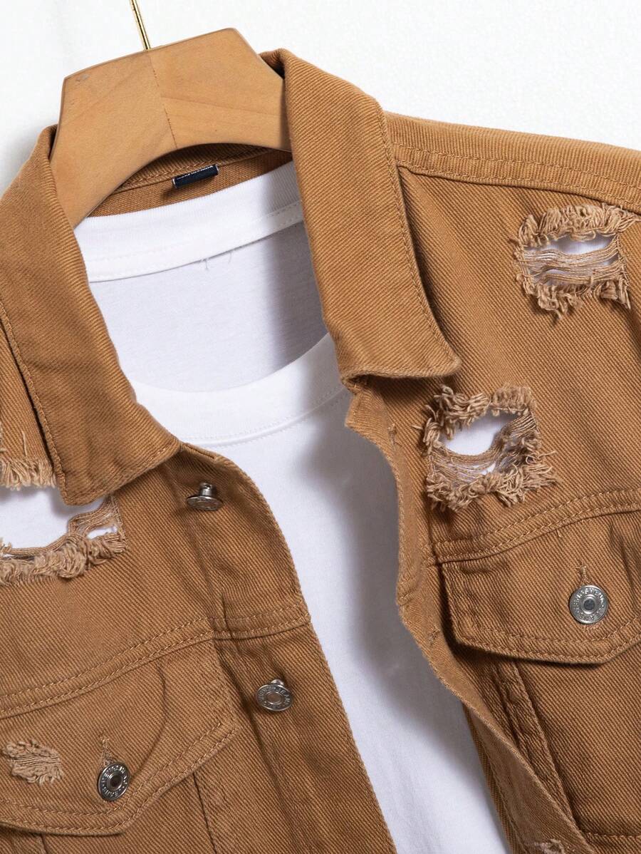 Men Ripped Frayed Flap Pocket Denim Jacket Without Tee