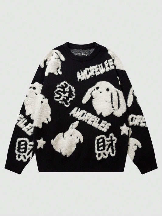 Men Rabbit & Letter Pattern Drop Shoulder Sweater