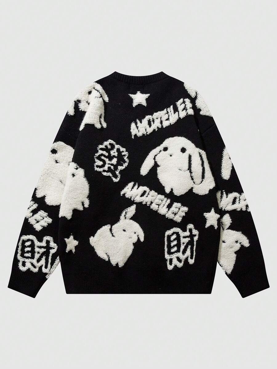 Men Rabbit & Letter Pattern Drop Shoulder Sweater