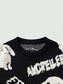 Men Rabbit & Letter Pattern Drop Shoulder Sweater