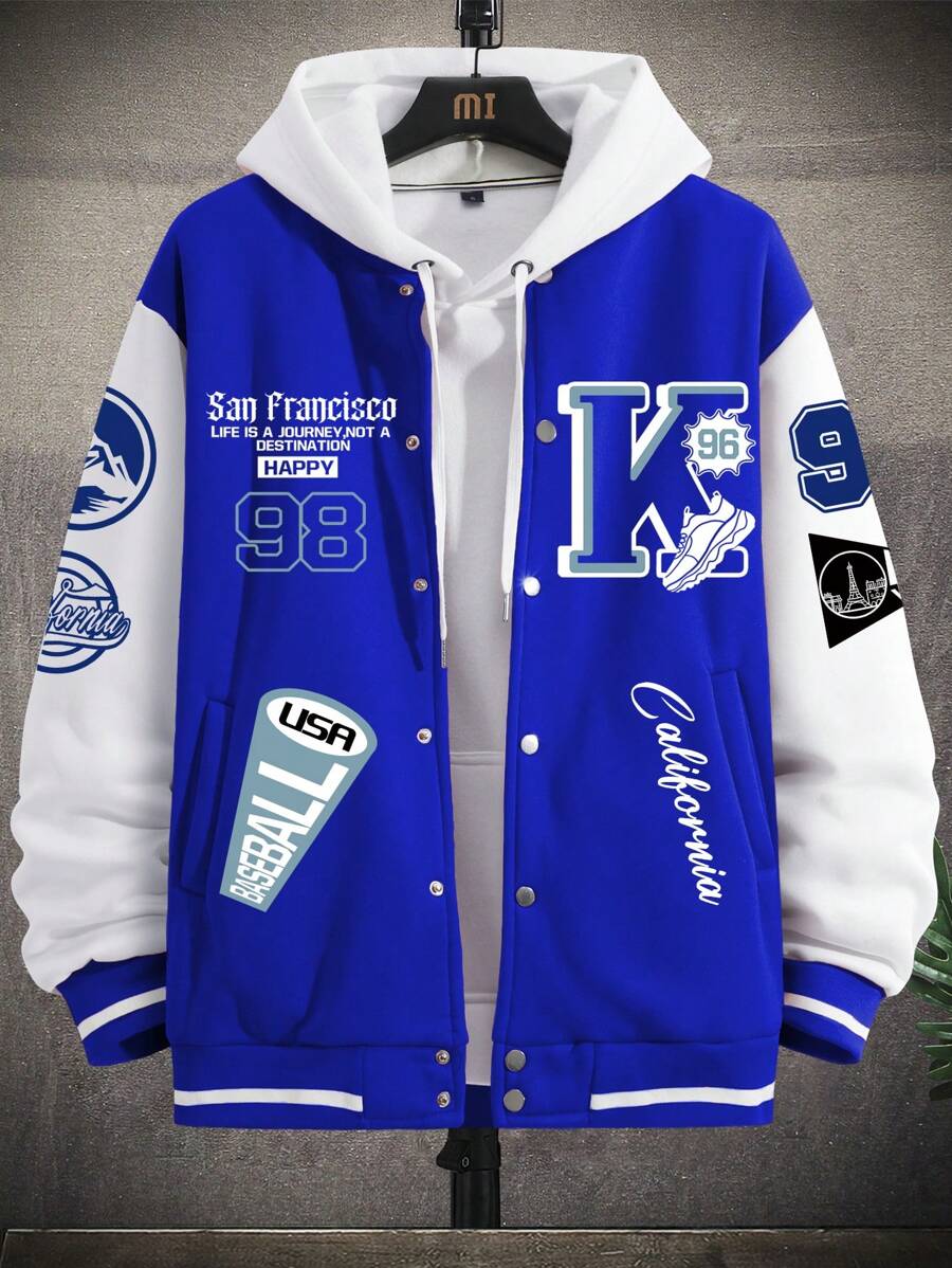 EMRG Men Letter Graphic Two Tone Varsity Jacket