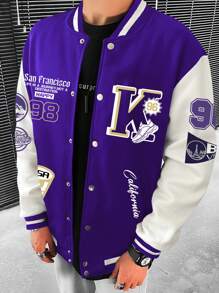 EMRG Men Letter Graphic Two Tone Varsity Jacket