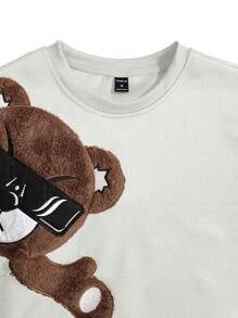 EMRG Sweat-shirt col rond pour homme, avec broderie ours 