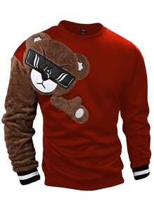 EMRG Sweat-shirt col rond pour homme, avec broderie ours 