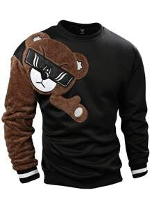 EMRG Sweat-shirt col rond pour homme, avec broderie ours 