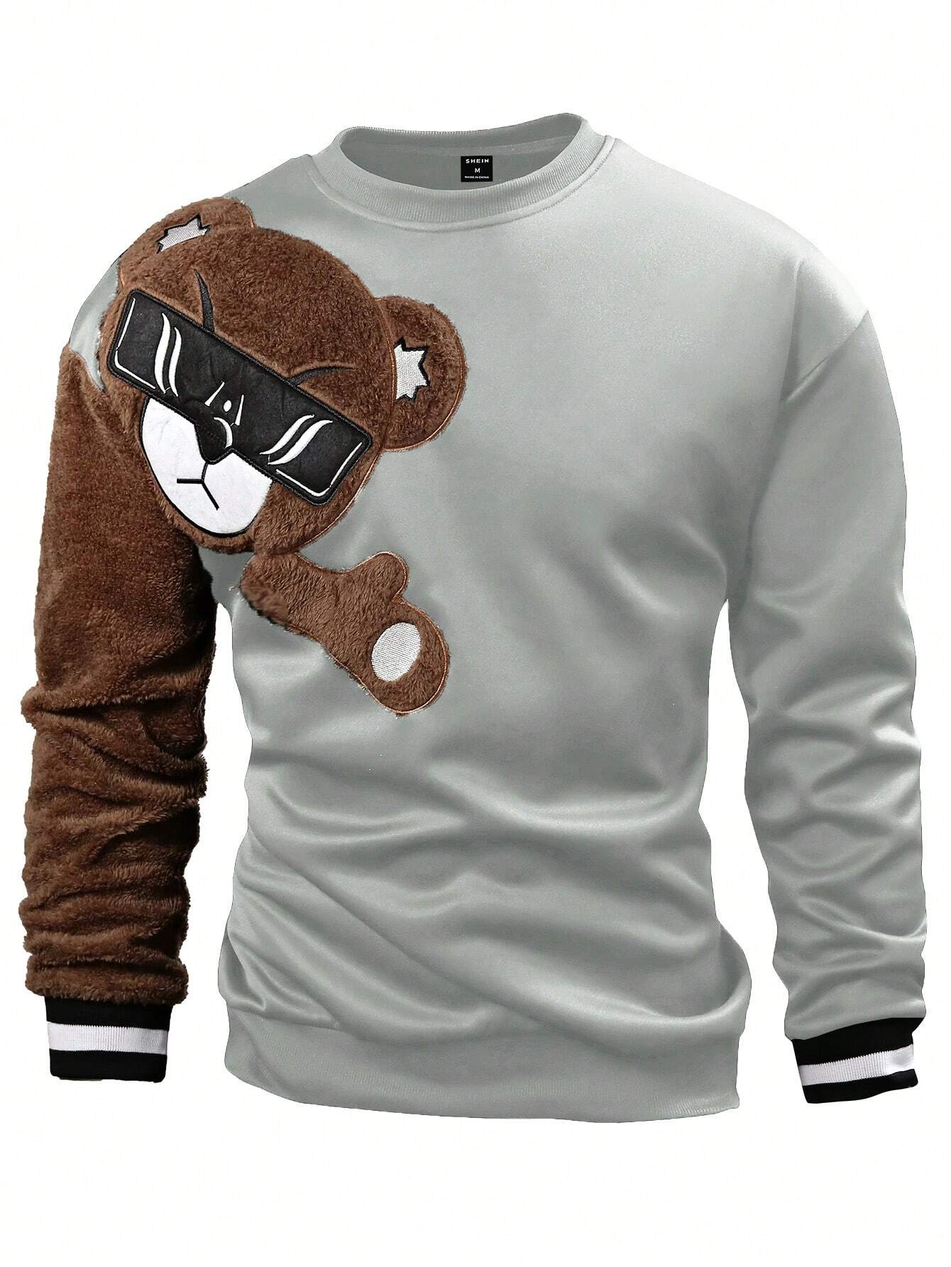 EMRG Sweat-shirt col rond pour homme, avec broderie ours 