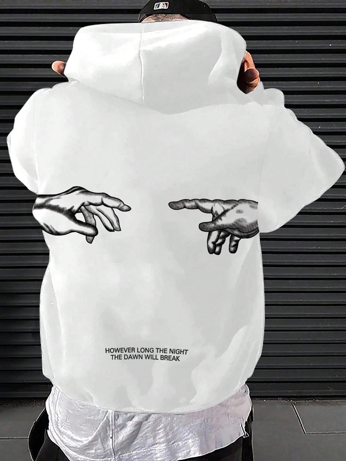 EMRG Men Slogan & Hand Graphic Drop Shoulder Drawstring Hoodie