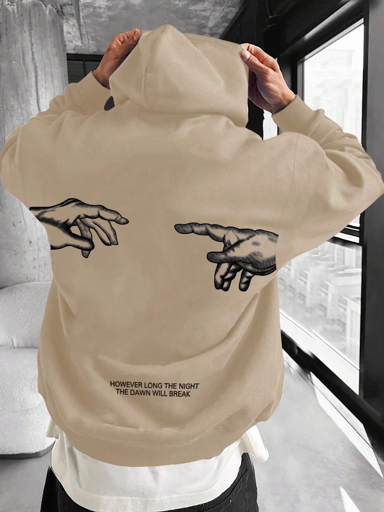 EMRG Men Slogan & Hand Graphic Drop Shoulder Drawstring Hoodie