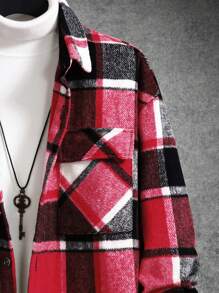 Homme Men Plaid Print Flap Pocket Drop Shoulder Jacket