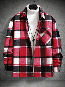 Homme Men Plaid Print Flap Pocket Drop Shoulder Jacket