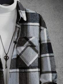 Homme Men Plaid Print Flap Pocket Drop Shoulder Jacket