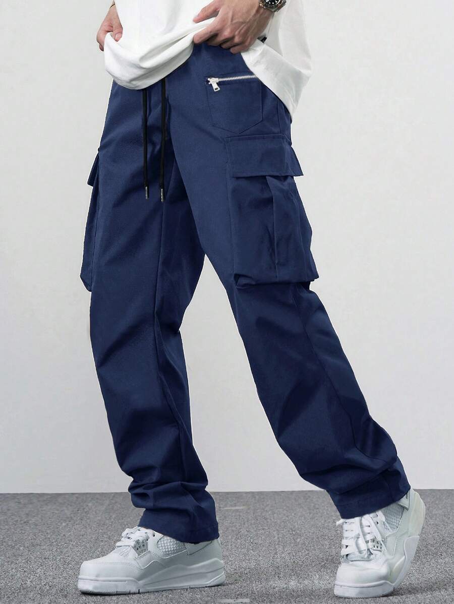 EMRG Men Flap Pocket Side Drawstring Waist Cargo Pants