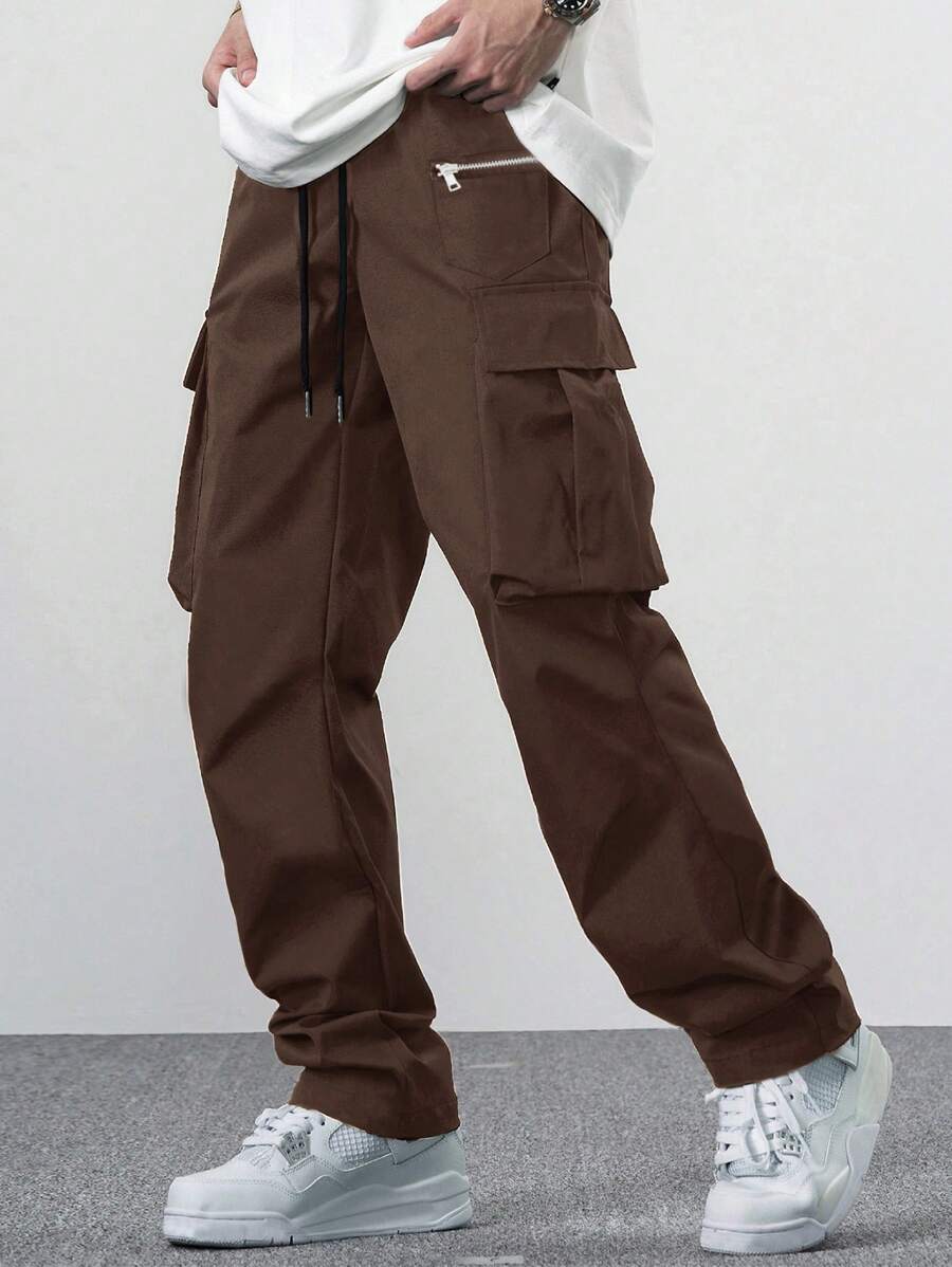 EMRG Men Flap Pocket Side Drawstring Waist Cargo Pants