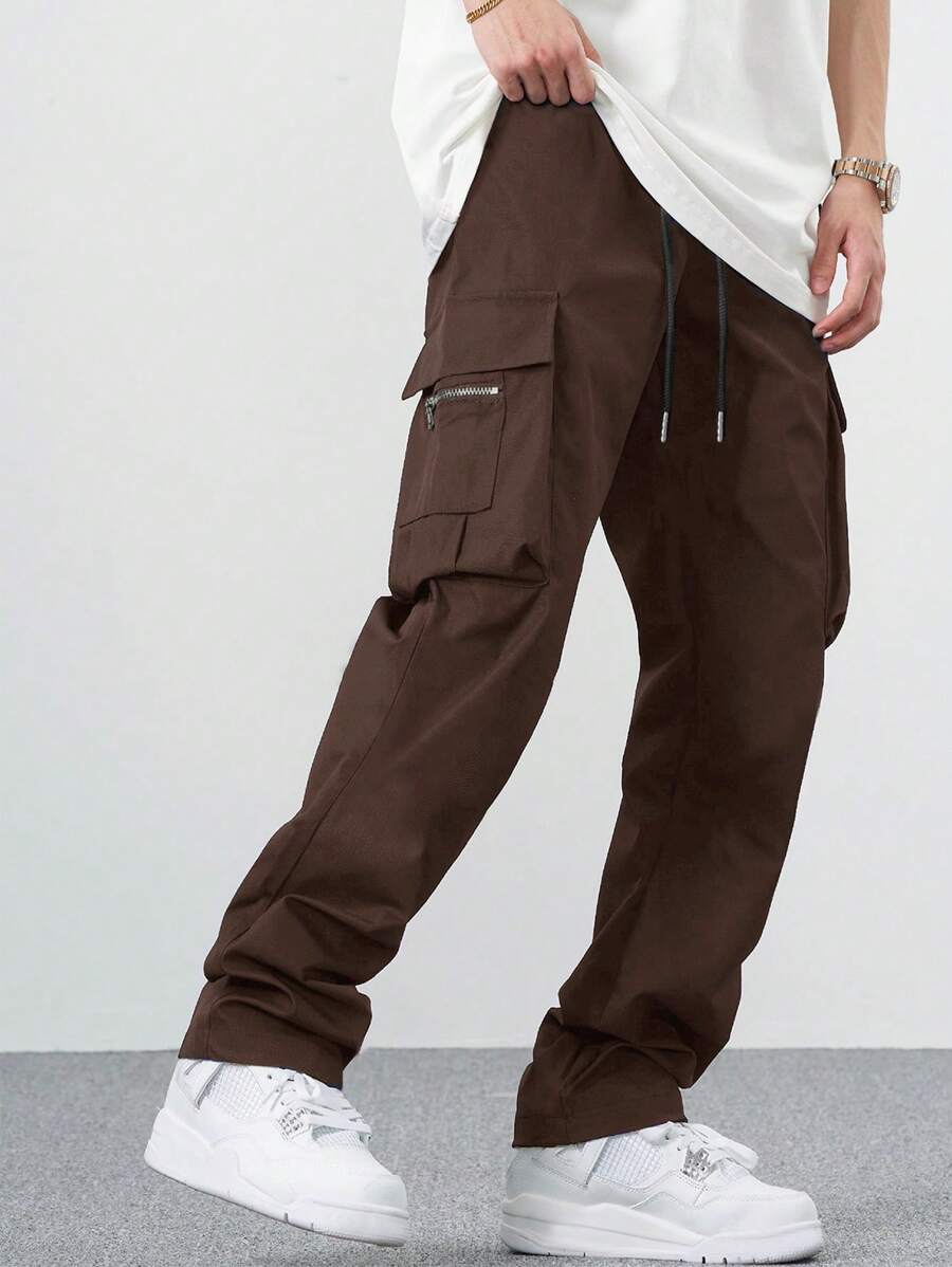 EMRG Men Flap Pocket Side Drawstring Waist Cargo Pants