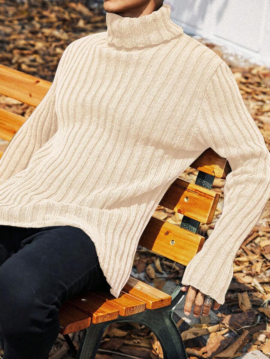 Homme Men Plus Solid Turtleneck Ribbed Knit Sweater