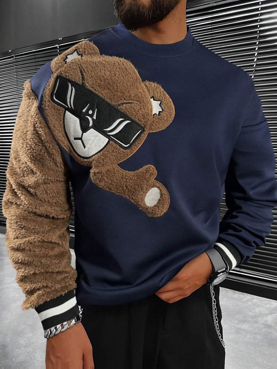 EMRG Sweat-shirt col rond pour homme, avec broderie ours 