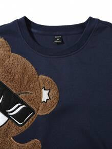 EMRG Sweat-shirt col rond pour homme, avec broderie ours 