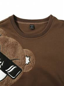 EMRG Sweat-shirt col rond pour homme, avec broderie ours 