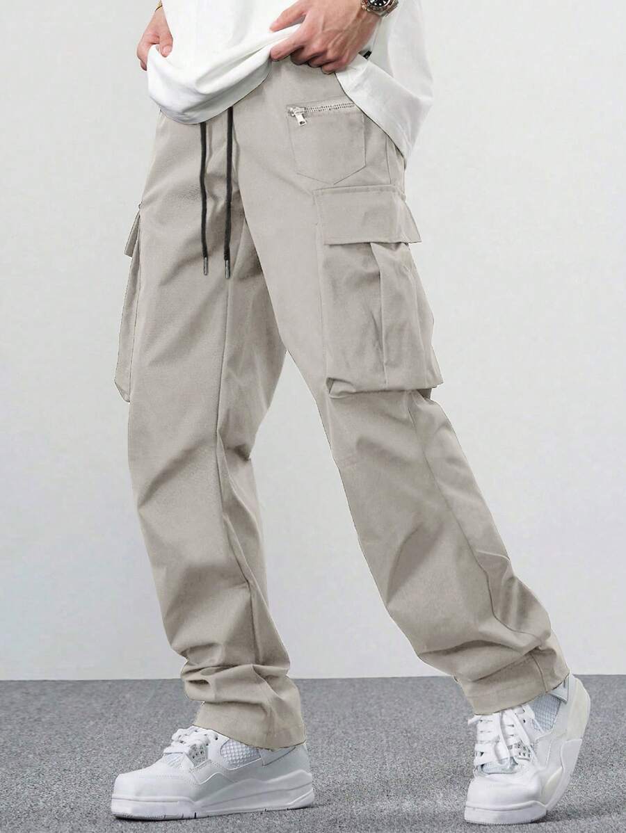 EMRG Men Flap Pocket Side Drawstring Waist Cargo Pants