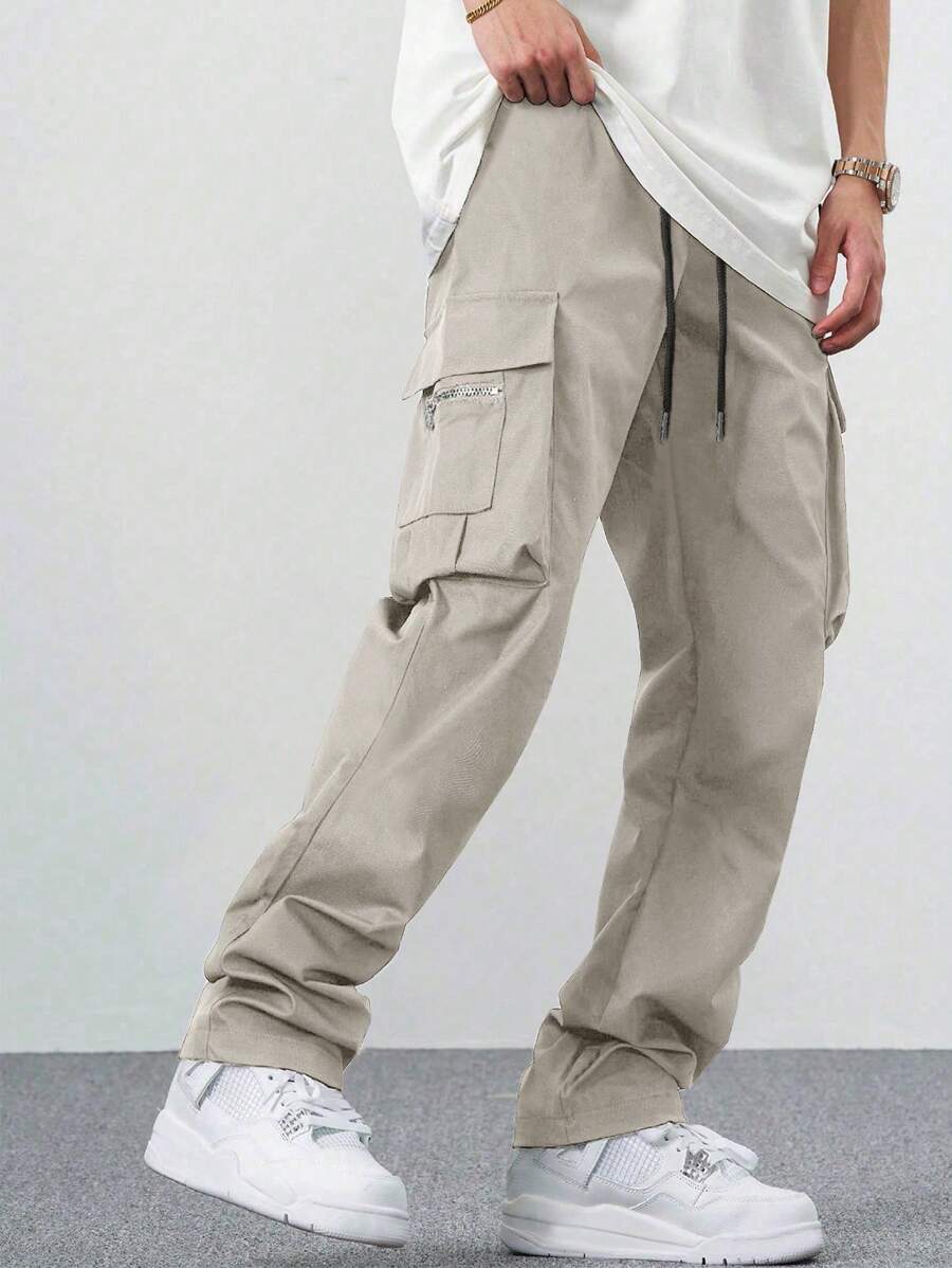 EMRG Men Flap Pocket Side Drawstring Waist Cargo Pants