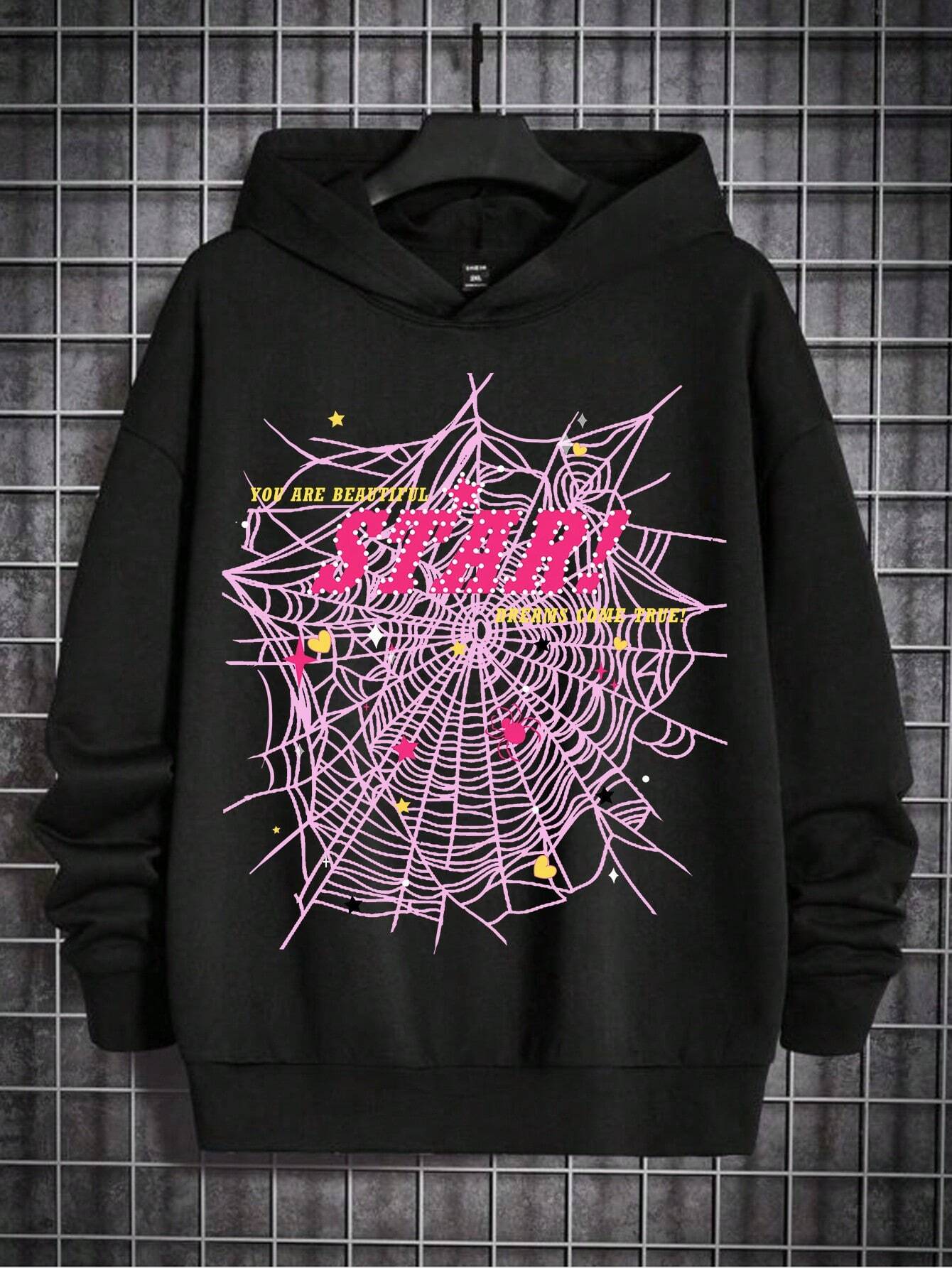 Men 1pc Letter & Spider Web Graphic Drop Shoulder Hoodie