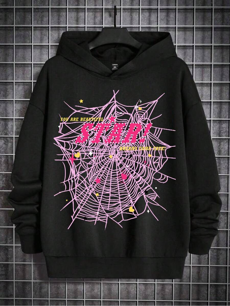 Men 1pc Letter & Spider Web Graphic Drop Shoulder Hoodie