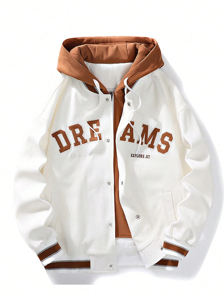 Plus Embroidery Letter Pattern Striped Trim Drawstring Hooded Jacket - DUVAL