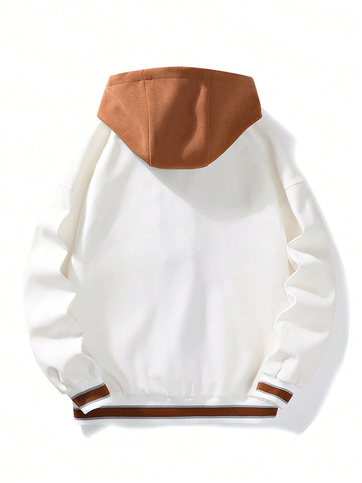 Plus Embroidery Letter Pattern Striped Trim Drawstring Hooded Jacket - DUVAL