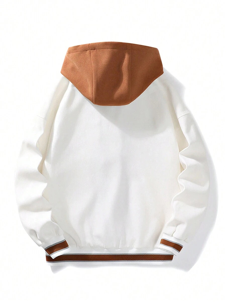 Men Plus Embroidery Letter Pattern Striped Trim Drawstring Hooded Jacket