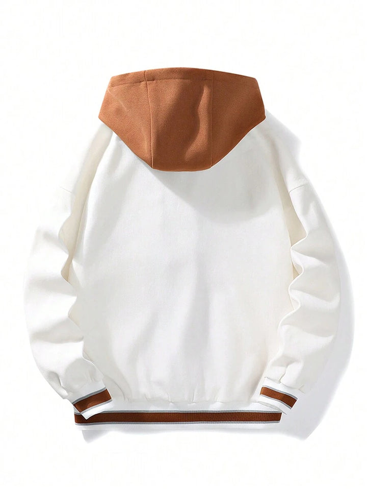 Plus Embroidery Letter Pattern Striped Trim Drawstring Hooded Jacket - DUVAL