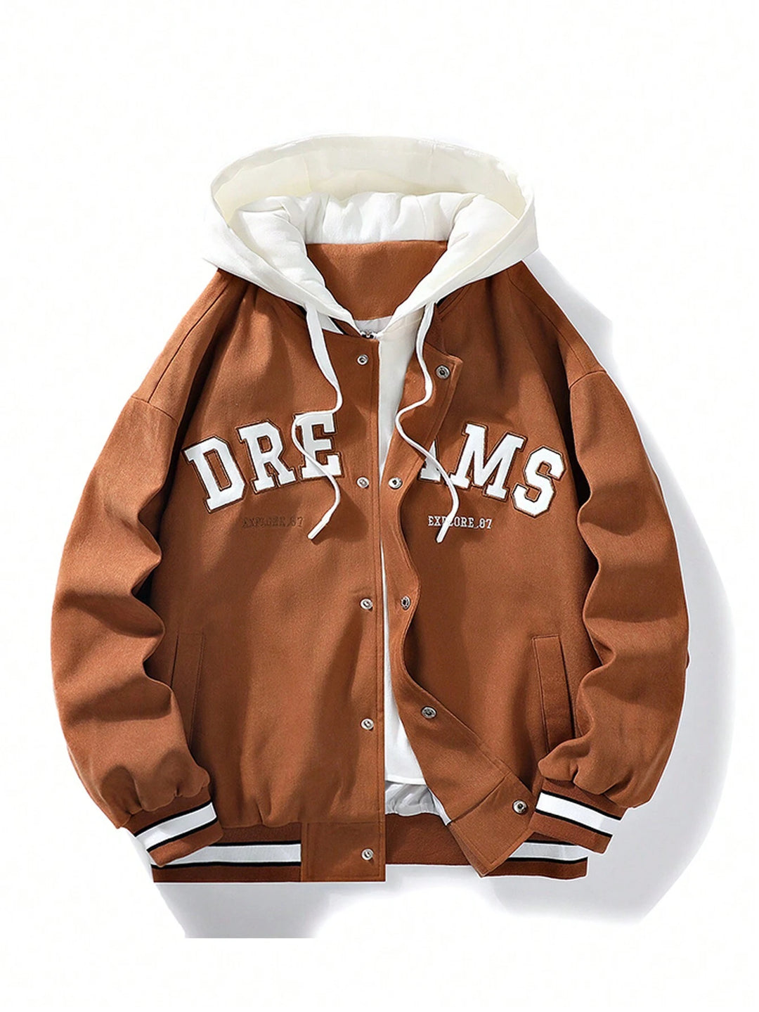 Plus Embroidery Letter Pattern Striped Trim Drawstring Hooded Jacket - DUVAL