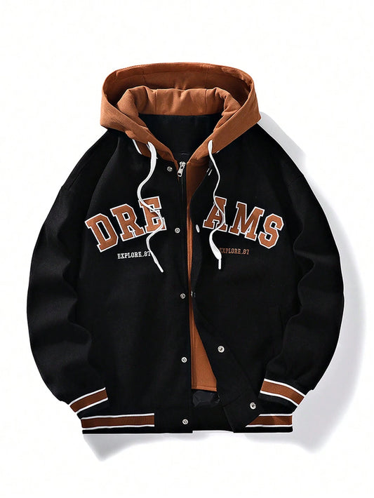 Men Plus Embroidery Letter Pattern Striped Trim Drawstring Hooded Jacket