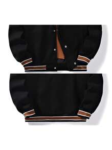 Plus Embroidery Letter Pattern Striped Trim Drawstring Hooded Jacket - DUVAL