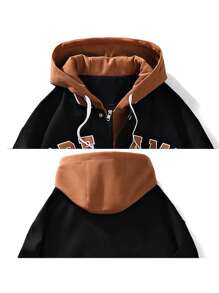 Men Plus Embroidery Letter Pattern Striped Trim Drawstring Hooded Jacket