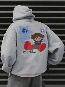 Men Cartoon & Slogan Graphic Hoodie