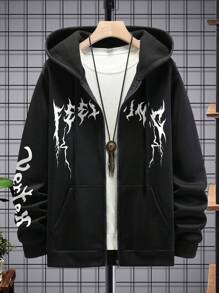 LEGND Men Letter Graphic Zip Up Drawstring Hoodie