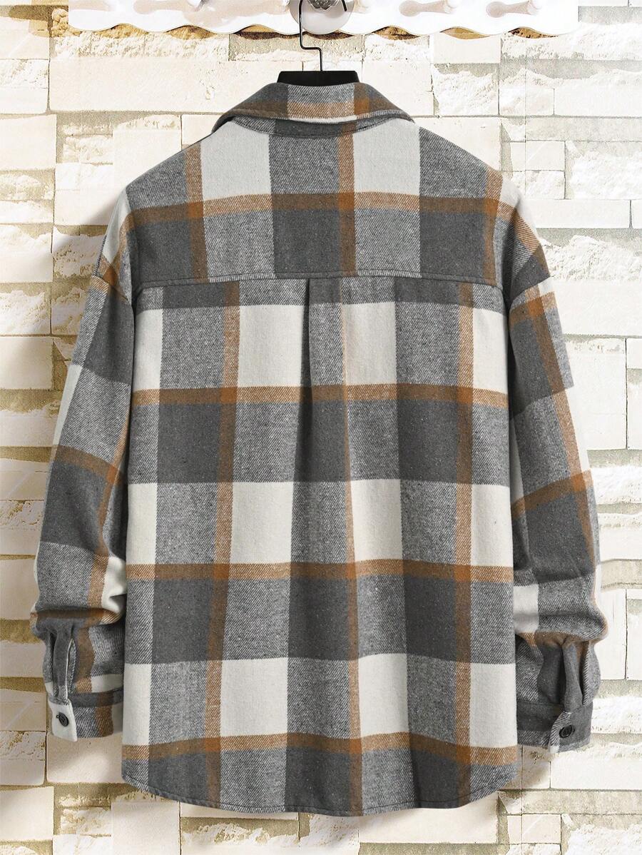 Homme Men Plaid Flap Detail Drop Shoulder Overcoat Without Tee