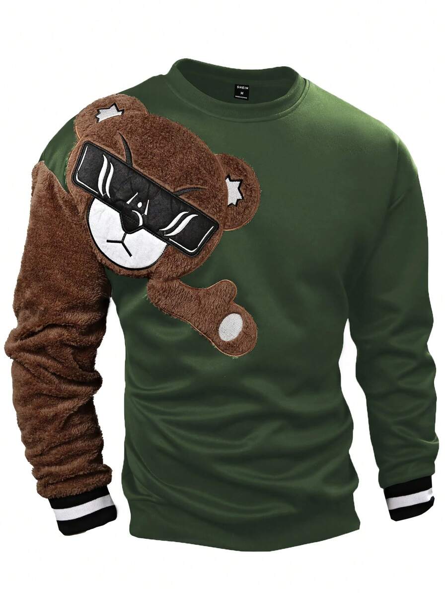 EMRG Sweat-shirt col rond pour homme, avec broderie ours 