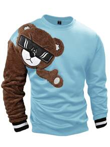 EMRG Sweat-shirt col rond pour homme, avec broderie ours 