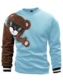 EMRG Sweat-shirt col rond pour homme, avec broderie ours 