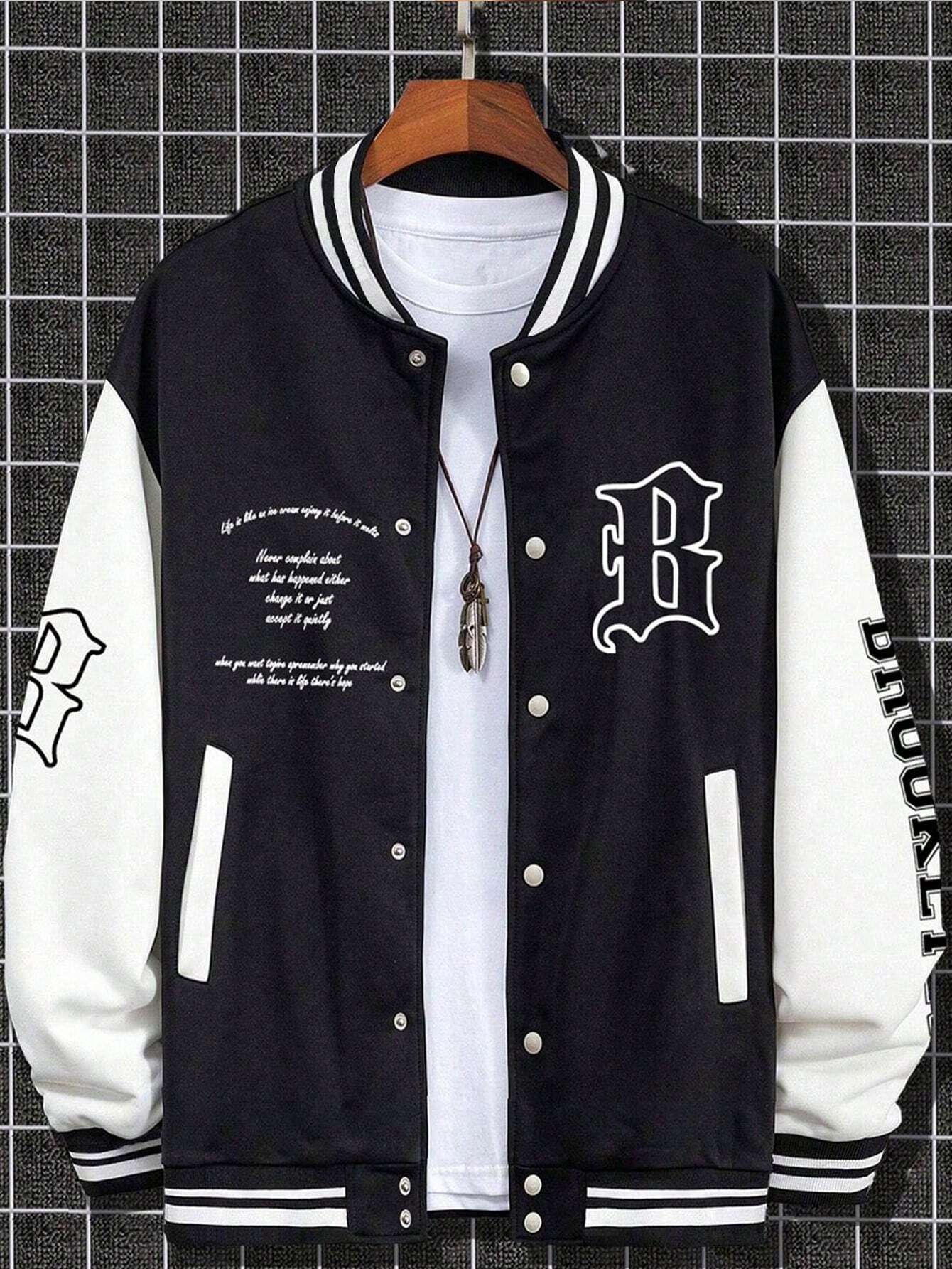 Sporsity  Letter & Striped Print Baseball Jacket