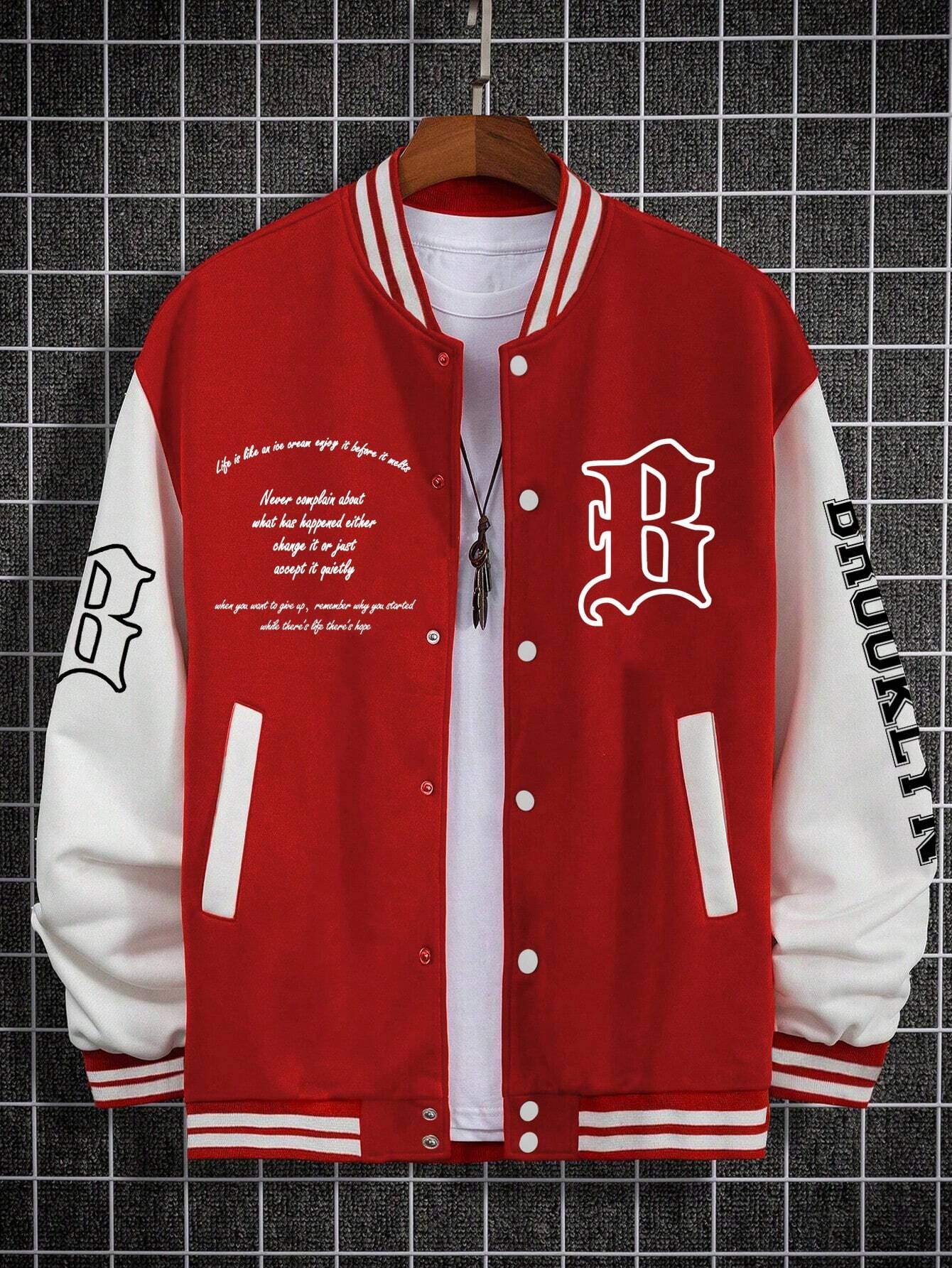 Sporsity  Letter & Striped Print Baseball Jacket