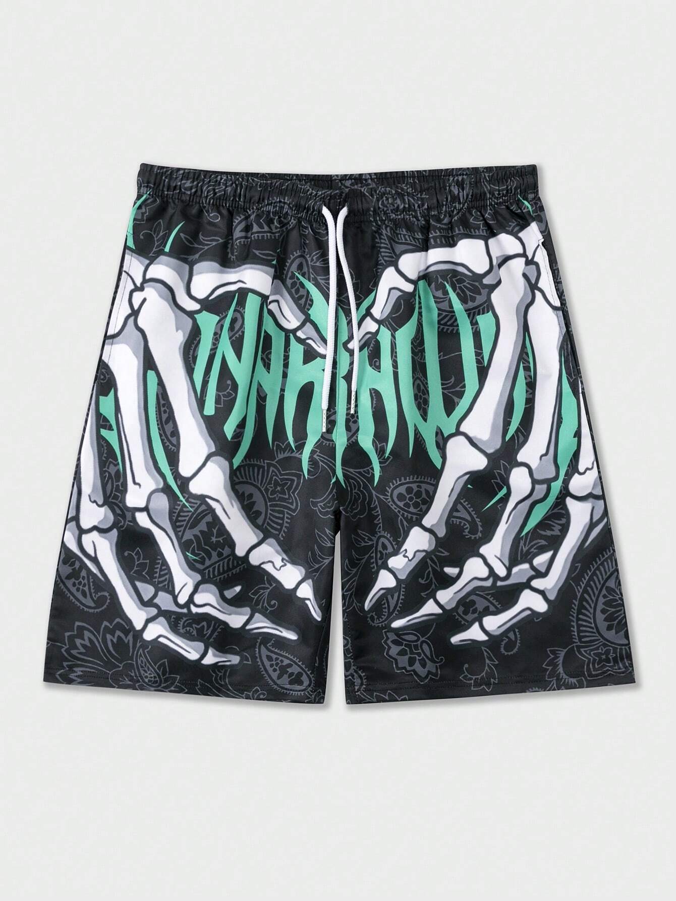 ROMWE Street Life  Skull & Paisley Print Drawstring Waist Shorts