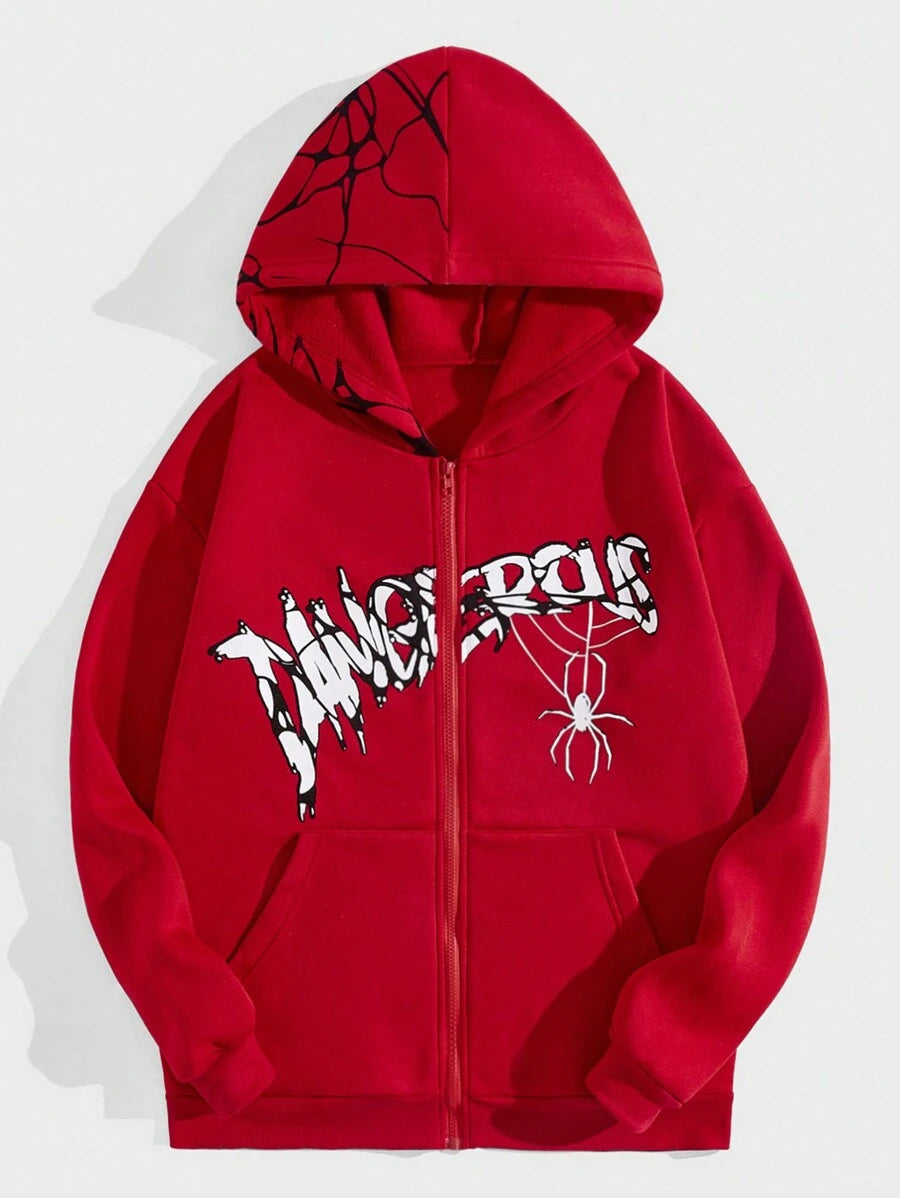 ROMWE Grunge Punk  Letter & Spider Printed Zipper Front Hooded Sweatshirt With Long Sleeves